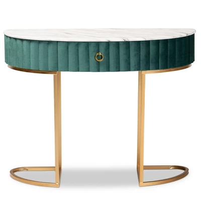 1 Drawer Beale Velvet Upholstered And Brushed Console Table Green/Gold - Baxton Studio - Image 2