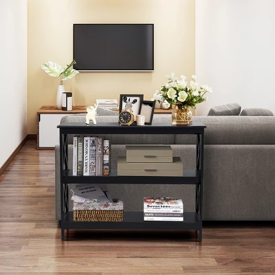 Costway 3-Tier Console Table X-Design Bookshelf Sofa Side Accent Table W/Shelf EspressoBlack - Image 2