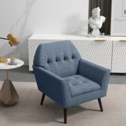 Costway Modern Tufted Fabric Accent Chair Upholstered Armchair With Rubber Wood Legs Blue/Grey