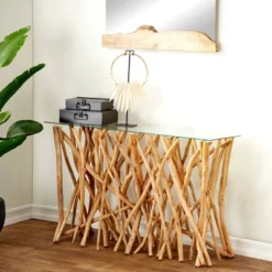 Contemporary Teak Wood Rectangle Console Table Brown - Olivia & May