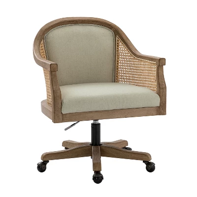 Danilo Swivel Barrel Task Chair With Rattan Arms And Natural Linen Blend & Foam Cushion| ARTFUL LIVING DESIGN - Image 2