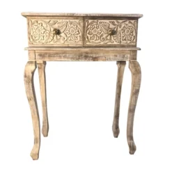 2 Drawer Mango Wood Console Table With Floral Carved Front Brown/White - The Urban Port