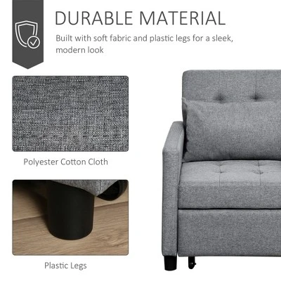 HOMCOM Convertible Sofa Lounger Chair Bed Multi-Functional Sleeper Recliner With Tufted Upholstered Fabric, Adjustable Angle Backrest, Pillow, Gray - Image 3