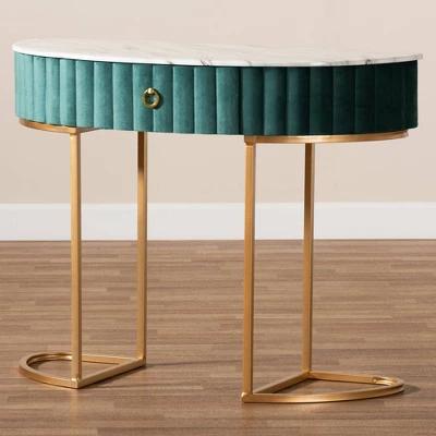 1 Drawer Beale Velvet Upholstered And Brushed Console Table Green/Gold - Baxton Studio - Image 8