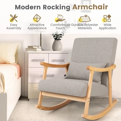 Costway Upholstered Rocking Chair With Pillow Rocking Armchair With Rubber Wood Frame Grey - Image 4