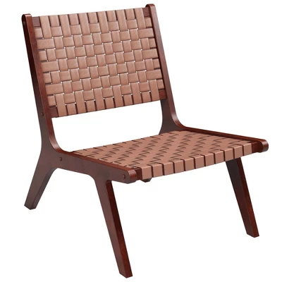 Costway Woven Leather Accent Chair Mid Century Rubber Wood Armless Side Chair - Image 9
