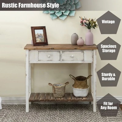 LuxenHome Distressed White And Wood 2-Drawer 1-Shelf Console Table And Entry Table - Image 4