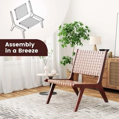 Costway Woven Leather Accent Chair Mid Century Rubber Wood Armless Side Chair - Image 4