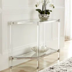 55 Downing Street Modern Acrylic Rectangular Console Table 48" X 16" With Shelf Clear Thin Sleek Legs Living Room Bedroom Bedside