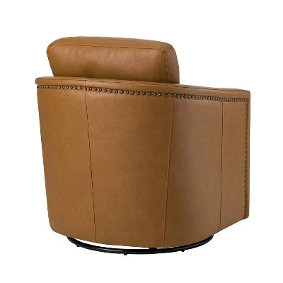 Eulalia 28.74''Wooden Upholstery Wide Genuine Leather Swivel Chair With Swivel Metal Base And Squared Arms | ARTFUL LIVING DESIGN - Image 3