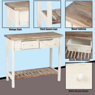 LuxenHome Distressed White And Wood 2-Drawer 1-Shelf Console Table And Entry Table - Image 5