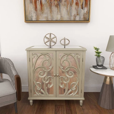 Glam Mirrored And Patterned Wood Cabinet Beige - Olivia & May - Image 6