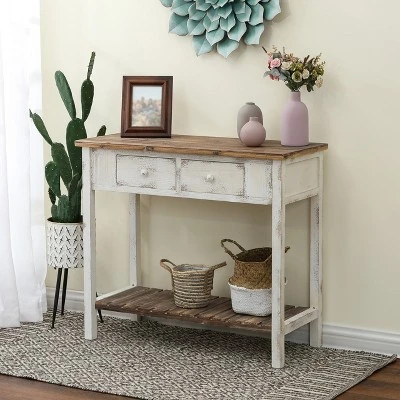 LuxenHome Distressed White And Wood 2-Drawer 1-Shelf Console Table And Entry Table - Image 8