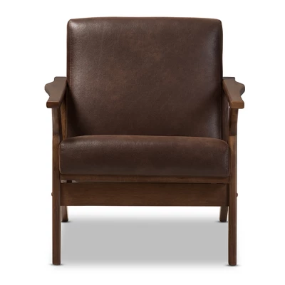 Bianca Mid Century Modern Walnut Wood Distressed Faux Leather Lounge Chair Dark Brown - Baxton Studio