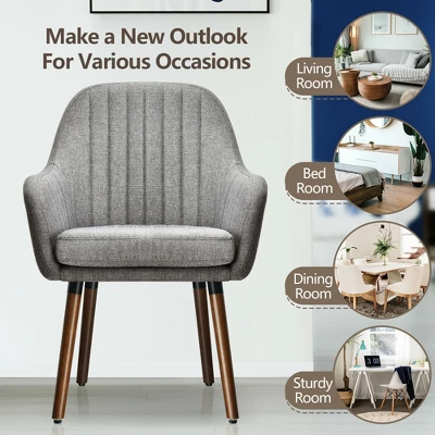 Costway Set Of 4 Accent Chairs Fabric Upholstered Armchairs W/Wooden Legs Beige/Gray - Image 4