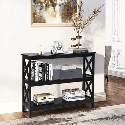 Costway 3-Tier Console Table X-Design Bookshelf Sofa Side Accent Table W/Shelf EspressoBlack