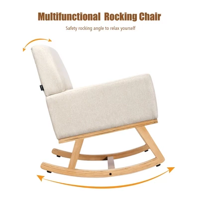 Costway Mid Century Rocking Chair Upholstered Armchair W/ Lumbar Support BeigeGray - Image 3