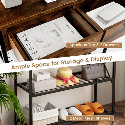 Costway Entryway Table With Charging Station Narrow Console Table With 2 Drawers Brown/Oak - Image 6