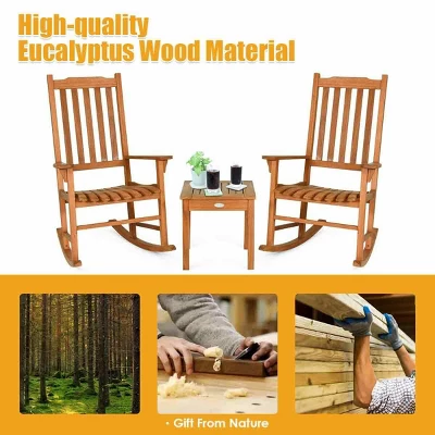 Costway 3 PCS Eucalyptus Rocking Chair Set W/ Coffee Table 2 Wood Conversation Chairs - Image 8