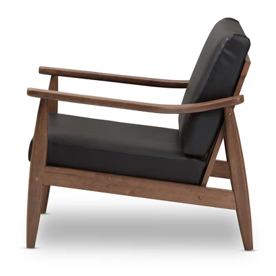 Venza Mid Century Modern Walnut Wood Faux Leather Lounge Chair Black - Baxton Studio - Image 2