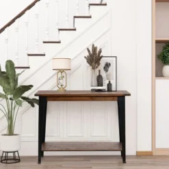 LuxenHome Dark Brown Wood And Black Metal 1-Shelf Console And Entry Table