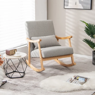 Costway Upholstered Rocking Chair With Pillow Rocking Armchair With Rubber Wood Frame Grey - Image 3