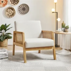 Yaheetech Fabric Upholstered Accent Chair With Rattan Armrest And Wood Legs, Beige