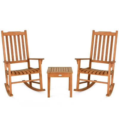 Costway 3 PCS Eucalyptus Rocking Chair Set W/ Coffee Table 2 Wood Conversation Chairs