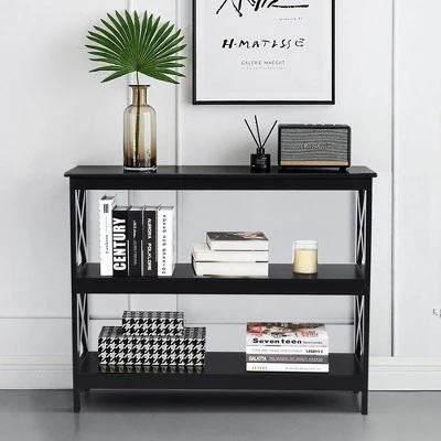 Costway 3-Tier Console Table X-Design Bookshelf Sofa Side Accent Table W/Shelf EspressoBlack - Image 3