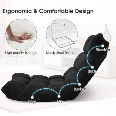Costway Adjustable 14-Position Floor Chair Folding Lazy Gaming Sofa Chair Cushioned-Black - Image 4