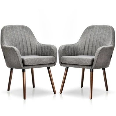 Costway Set Of 2 Accent Chairs Fabric Upholstered Armchairs W/Wooden Legs Beige/Gray - Image 3