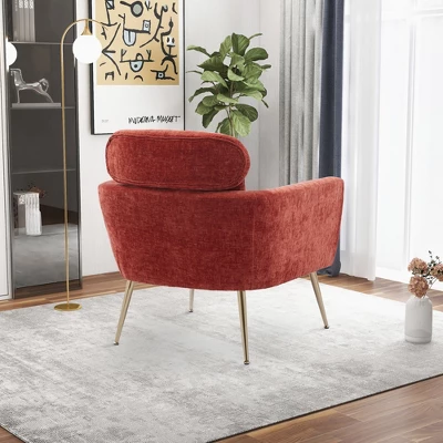 29.5" Modern Chenille Accent Armchair With Gold Metal Legs And Throw Pillow - ModernLuxe - Image 3