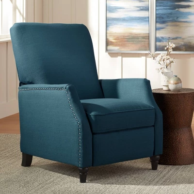 Studio 55D Katy Bold Blue Recliner Chair Modern Armchair Comfortable Push Back Manual Reclining Footrest Pewter Nailhead For Bedroom Living Room House