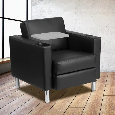 Emma And Oliver Black LeatherSoft Tablet Arm Chair, Tall Chrome Legs And Cup Holder