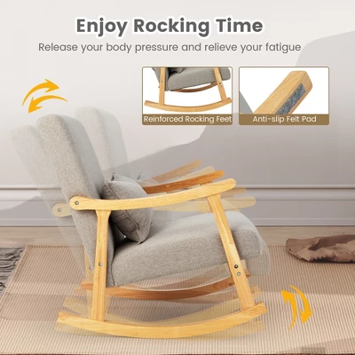 Costway Upholstered Rocking Chair With Pillow Rocking Armchair With Rubber Wood Frame Grey - Image 5