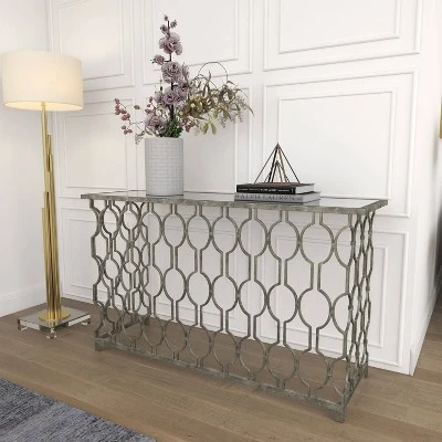 Contemporary Metal Pattern Console Table Silver - Olivia & May - Image 8