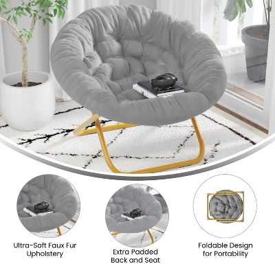 Emma And Oliver Oversize Folding Saucer Chair With Cozy Faux Fur Cushion And Metal Frame For Dorms, Bedrooms, Apartments And More - Image 4