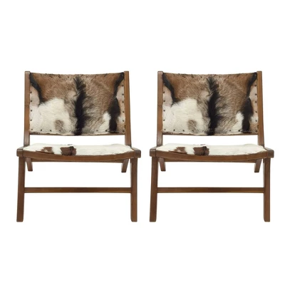 Set Of 2 Rustic Goat Leather And Teak Accent Chairs Brown - Olivia & May - Image 4
