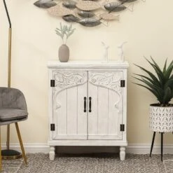 LuxenHome Farmhouse White Wood 2-Door Accent Storage Cabinet.