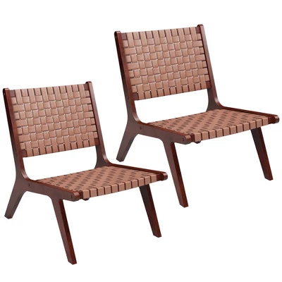 Costway Woven Leather Accent Chair Mid Century Rubber Wood Armless Side Chair - Image 10