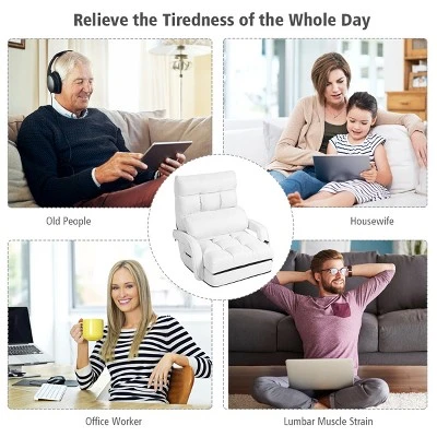 Costway Folding Floor Armchair W/6-position Adjustable Back & Lumbar Pillow White - Image 4