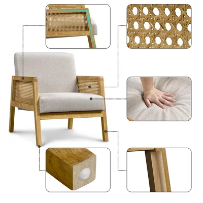 Yaheetech Fabric Upholstered Accent Chair With Rattan Armrest And Wood Legs, Beige - Image 3