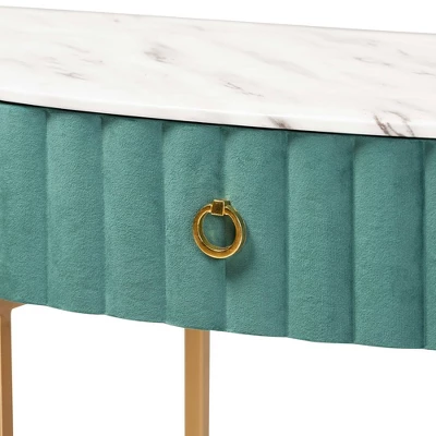 1 Drawer Beale Velvet Upholstered And Brushed Console Table Green/Gold - Baxton Studio - Image 5