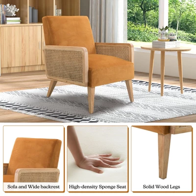 ChloƩ Cane Arm Chair With Wood Base Living Room Upholstered Accent Chair With Rattan Armrest | Karat Home - Image 2