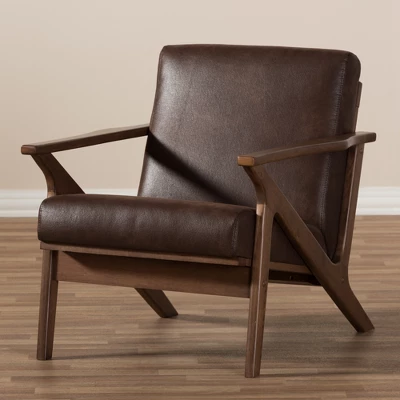 Bianca Mid Century Modern Walnut Wood Distressed Faux Leather Lounge Chair Dark Brown - Baxton Studio - Image 7