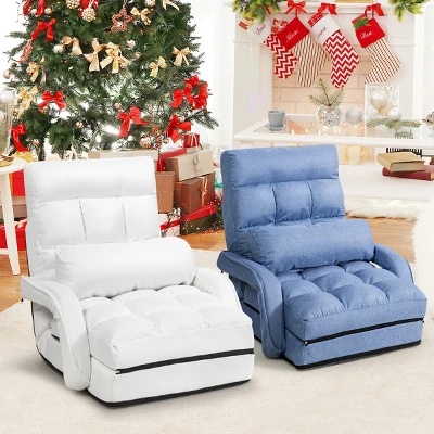 Costway Folding Floor Armchair W/6-position Adjustable Back & Lumbar Pillow White - Image 2