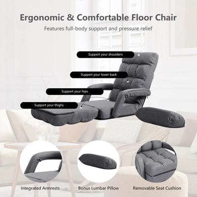 Costway Folding Floor Armchair W/ 6-position Adjustable Back & Lumbar Pillow RedGrey - Image 7