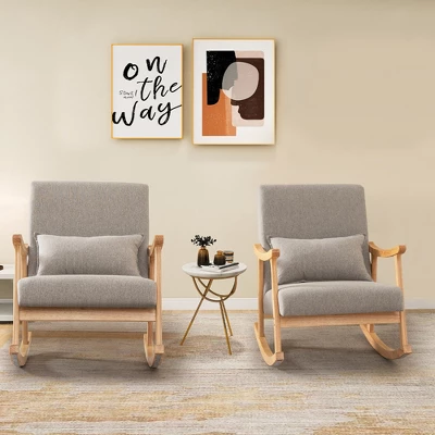 Costway Upholstered Rocking Chair With Pillow Rocking Armchair With Rubber Wood Frame Grey - Image 2