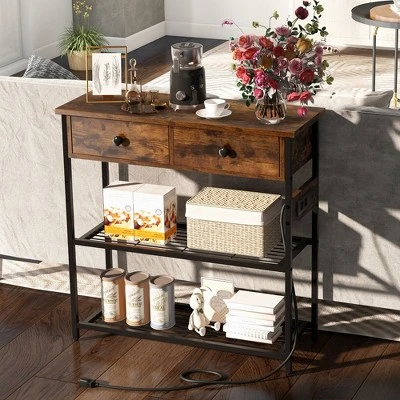Costway Entryway Table With Charging Station Narrow Console Table With 2 Drawers Brown/Oak - Image 2