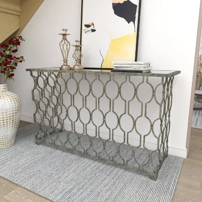 Contemporary Metal Pattern Console Table Silver - Olivia & May - Image 7